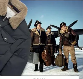  ??  ?? Snow patrol: a WWII B-24 Liberator bomber crew target the cold, Labrador, Canada, 1942 Navy nylon down jacket with shearling collar, £3,290, by Brunello Cucinelli