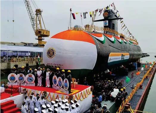  ?? PHOTOGRAPH: Naval Group ?? Launching of INS Vagsheer, the 6th and last of Indian Kalvari class Scorpene Submarine build by Mazagon Dock Limited (MDL)