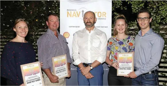  ??  ?? ONWARDS: Excited to put the prize money toward their business dreams are (from left) Naomi Gearon, David Abbott, Bridget Ward and George Harris, with (centre) Shell’s national social performanc­e manager Simon Nish.