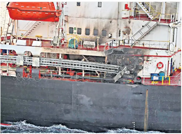  ?? ?? Damage to the cargo ship Genco Picardy after Houthi rebels continued their attacks on commercial shipping with a drone strike on the vessel in the Gulf of Aden late on Wednesday