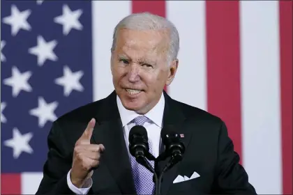  ?? SUSAN WALSH — THE ASSOCIATED PRESS FILE ?? President Joe Biden speaks about his infrastruc­ture plan and his domestic agenda during a visit to the Electric City Trolley Museum in Scranton, Pa., on Oct. 20, 2021.