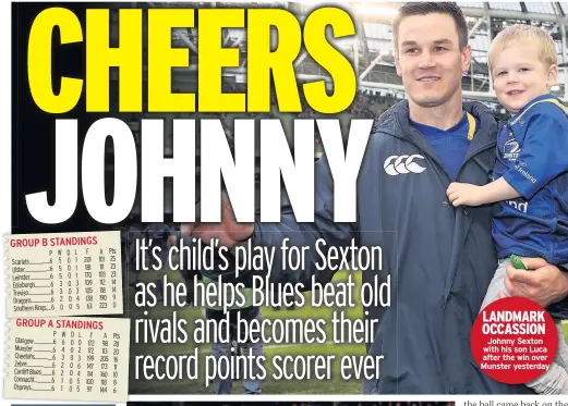  ??  ?? LANDMARK OCCASSION Johnny Sexton with his son Luca after the win over Munster yesterday