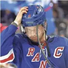  ?? BRUCE BENNETT/GETTY IMAGES ?? “That can’t happen. That’s not on anybody but me,” Rangers captain Jacob Trouba said of an early turnover that led to Pittsburgh’s first goal just 18 seconds into Monday’s game.