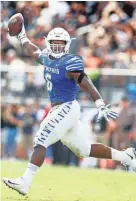  ??  ?? Memphis defender Genard Avery celebrates grabbing a fumble against the UCF offense during second quarter action of the the AAC Championsh­ip football game in Orlando, Fla., Saturday, Dec. 2, 2017. MARK WEBER/THE COMMERCIAL APPEAL