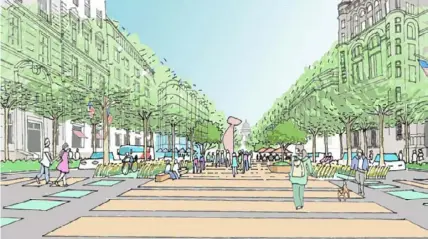  ?? National Capital Planning Commission ?? The Civic Stage concept creates a new pedestrian space in the center of Pennsylvan­ia Avenue where people can enjoy a grand promenade with views of the Capitol.