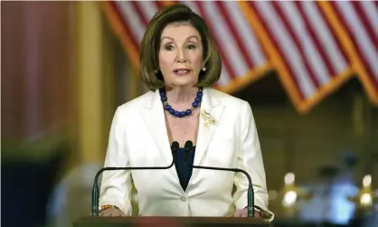  ?? Photograph: UPI/Barcroft Media ?? Nancy Pelosi announces that the House will continue with articles of impeachmen­t against Donald Trump, on Capitol Hill in Washington DC on Thursday.