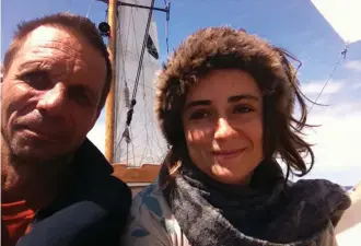  ??  ?? The 93-year-old Pantagruel barrels along under full sail, rigged like it was when the squall hit (top). Micha and Joanna are all smiles once they have a jury rig raised and are underway again.