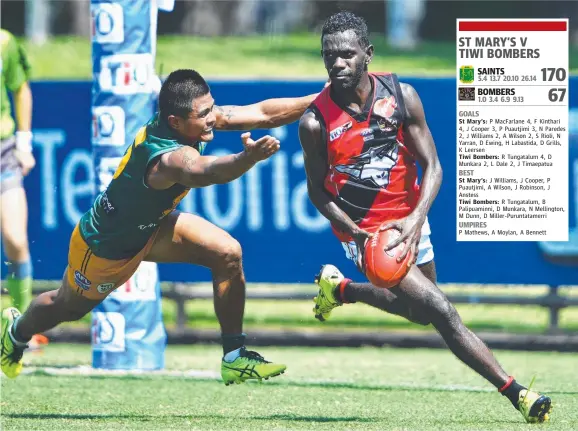  ?? Picture: IVAN RACHMAN ?? St Mary's player Henry Labastida in hot pursuit of Tiwi Bombers rival Dion Munkara during yesterday’s NTFL Premier League clash at TIO Stadium