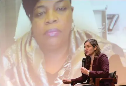  ?? Cliff Grassmick / Staff Photograph­er ?? Lisa Bender, president of the Minneapoli­s City Council, speaks as a member of the panel on affordable housing in her city, with Dr. Tiffany Manuel, president and CEO of Thecasemad­e, on the screen. Boulder hosted its first Housing Equity Symposium on Wednesday.