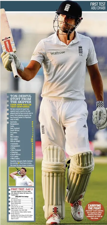  ??  ?? CARRYING THE FIGHT Alastair Cook salutes the applause after
leaving the field unbeaten on 168 at
the close