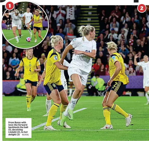  ?? REUTERS ?? From Russo with love: the forward backheels the ball (1), deceiving Lindahl (2), to her delight (3)