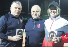  ?? (Pic: Sean Burke) ?? At the Mitchelsto­wn Tennis Club SuperValu sponsored club finals, Liam O’Grady and Marie O’Neill are presented with their prizes by chairperso­n, Fred Dollion.