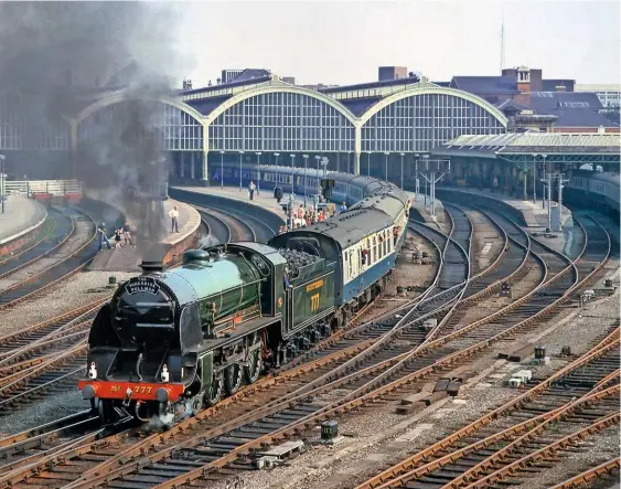  ?? JohN CooPeR-SmIth ?? With Southern Region main line steam restricted, Sir Lamiel made a name for itself in the north. The freshly restored 4‑6‑0 eases away from Hull Paragon with the ‘Yorkshire Pullman’ on September 18 1982.