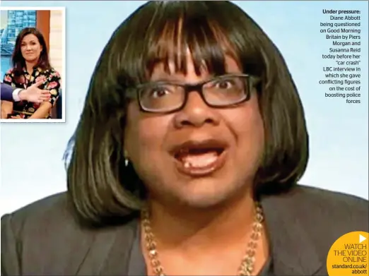  ??  ?? Under pressure:
Diane Abbott being questioned on Good Morning Britain by Piers
Morgan and Susanna Reid today before her
“car crash” LBC interview in which she gave conflictin­g figures
on the cost of boosting police
forces
WATCH THE VIDEO
ONLINE...