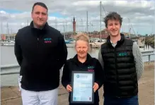  ??  ?? Above: JCS fish quality manager Ann Rogers (centre) with factory manager Luke Gallagher (left) and commercial manager Jack Coulbeck