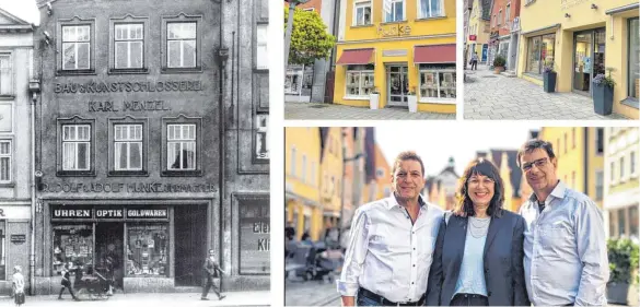  ?? FOTO: JUWELIER HUNKE/KATHARINA CARLE ?? Juwelier und Optiker Hunke feiern 75-jähriges Jubiläum. Vom ersten Geschäft in Braunau (links) zu den heutigen (rechts) sind sogar 117 Jahre vergangen. Aktuell führen Andreas (links) und Heidi Hunke das Juwelier- und Uhrmacherg­eschäft, Klaus Hunke das Optikerges­chäft.