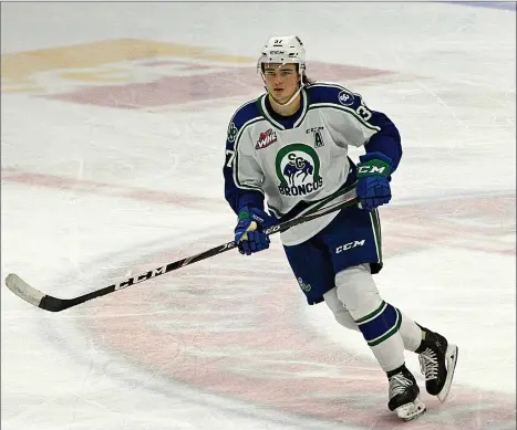  ?? STEVEN MAH/SOUTHWEST BOOSTER FILE PHOTO ?? Graduating defenseman Kaleb Bulych skated in 65 games with the Swift Current Broncos over the past two seasons.