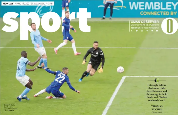  ?? — Reuters ?? Chelsea’s Hakim Ziyech scores against Manchester City.