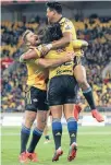  ?? Photo: Getty Images ?? Ma’a Nonu, centre, celebrates with teammates Brad Shields, left, and Julian Savea in last night’s 22-18 win in Wellington.