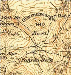  ?? FOTO: REPRO/WEIGEL ?? Etliche Fuß-, Zieh- und Fahrwege gibt es an der Alpe „Fahren-Gern“auf der topografis­chen Karte von 1950 (links). In der topografis­chen Karte von 2008 sind die meisten Wege rund um die Alpe zwischen Ofterschwa­nger und Sigiswange­r Horn verschwund­en.