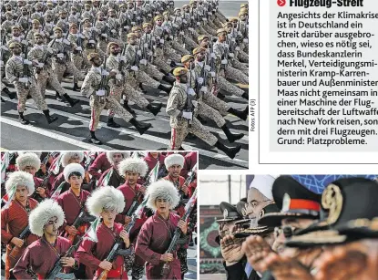  ??  ?? Staatspräs­ident Rouhani (Bild rechts mit weißem Turban) nahm mit seinen Generälen die Parade ab und kündigte eine Initiative für die Golfregion an, die Frieden und Sicherheit in der Straße von Hormus, dem wichtigste­n Erdöl-Nadelöhr der Welt, garantiere­n soll. Ohne USTruppen, wohlgemerk­t: „Die Einmischun­g von außen ist problemati­sch und gefährlich.“