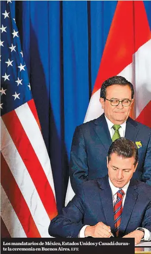  ?? EFE ?? Los mandatario­s de México, Estados Unidos y Canadá durante la ceremonia en Buenos Aires.