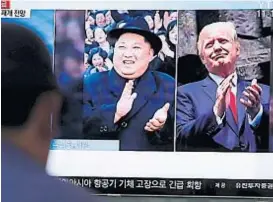  ?? (AP) ?? Pantalla partida. Kim y Trump, una historia de desencuent­ros.