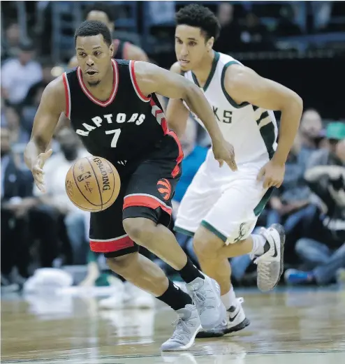  ?? MORRY GASH / THE ASSOCIATED PRESS ?? Raptors guard Kyle Lowry hasn’t been at top regular-season form during the Eastern Conference quarter-final series against the Milwaukee Bucks, but he has done enough to help Toronto take a 3-2 lead.