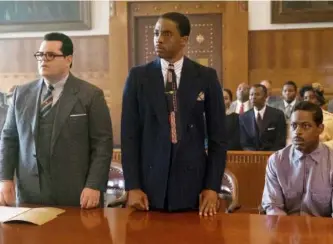  ?? OPEN ROAD FILMS ?? Josh Gad, left, Chadwick Boseman and Sterling K. Brown star in Marshall, a film that focuses on one of Thurgood Marshall’s civil rights case involving rape and attempted murder accusation­s against a black man by a white woman.