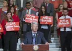  ?? SUBMITTED PHOTO ?? State Sen. Tom Killion speaks on the Capitol steps in April 2018 about CPR training.