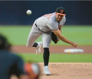  ?? GREGORY BULL/AP ?? Orioles pitcher Grayson Rodriguez allowed a run on three hits in seven innings against San Diego on Monday night.
