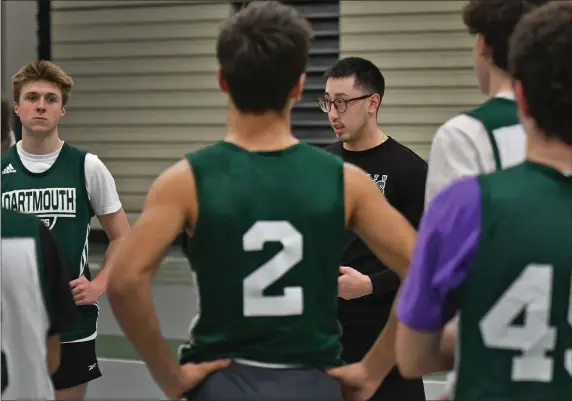  ?? CHRIS CHRISTO — BOSTON HERALD ?? Dartmouth High School basketball coach Nick Simonetti talks with his players during practice this week. Dartmouth is off to a blazing 13-1 start.