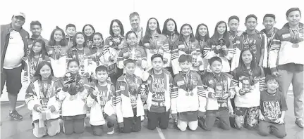  ?? CONTRIBUTE­D PHOTO ?? The triumphant Philippine Swimming League tankers display their medals and trophies during the awarding ceremony of the 2018 Tokyo Invitation­al Swimming Championsh­ip held at the St. Mary’s Internatio­nal School swimming pool in Tokyo Japan. Also in the picture are Myles Beltran of the Filipino Community in Japan, and coaches Alexandre Papa and Bob Palacios.