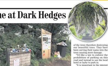  ??  ?? Rutted verges at the Dark Hedges (inset), and (right) an ugly pile-up of rubbish at the site