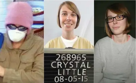 ?? STATE OF KENTUCKY ?? The many faces of Crystal Little: a mild-mannered state employee, right, a disguised bank robber, left, and a prison inmate.