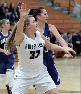  ??  ?? Ridgeland’s Halle Oliver calls for the ball down low during the Lady Panthers’ Region 6-AAAA victory over Gilmer last week. Ridgeland began the week with a 10-9 overall record. (Messenger photo/Scott Herpst) Ridgeland girls 57, Gilmer 41