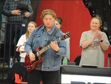  ?? Bennett Horne/McDonald County Press ?? McDonald County High School sophomore Kaiden Bruneau performed a wonderful rendition of the National Anthem prior to the Mustangs’ game against Mount Vernon on Friday, Feb. 17, at Mustang Arena.