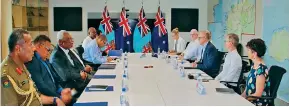  ?? Photo: Fiji Government ?? Fiji Prime Minister Sitiveni Rabuka congratula­ted Albanese on the landmark agreement and was comforted by Albanese’s assurances AUKUS would not breach the Rarotonga treaty, a pact among Pacific nations including Australia to keep the South Pacific free of nuclear weapons.