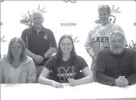  ?? Photo Bob Parana ?? Ridgway senior Celeste Cristini signed her letter of intent to compete for the Mercyhurst Stunt team on Thursday in the school's library. With Cristini are her parents Brian Cristini and Nicole Cristini, Principal Noel Petrosky, and Athletic Director Rick Viglione.