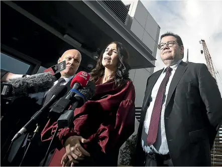  ?? CHRIS MCKEEN/ STUFF ?? From left:Air NZ chief executive Christophe­r Luxon, Prime Minister Jacinda Ardern and Minister of Finance Grant Robertson at yesterday’s announceme­nt of the new Business Advisory Council.