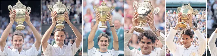  ??  ?? From left, a combinatio­n of photos shows Roger Federer holding up the Wimbledon trophy eight times in 2003, 2004, 2005, 2006, 2007, 2009, 2012 and 2017.