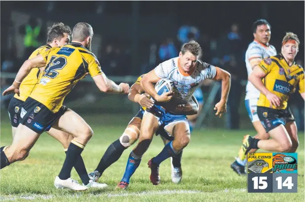  ?? Picture: ALISTAIR BRIGHTMAN ?? ON CHARGE: Northern Pride's Ryan Ghietti in action against the Sunshine Coast Falcons at Hervey Bay on Saturday night.