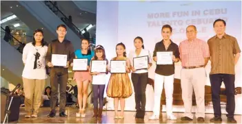  ??  ?? POTENTIAL TALENTS with Ayala general manager Joy Polloso, Elbert Benaro (Holy Guardian Angels choir), Joie Catamora (Lhuillier scholar from Basak), Christine Escuadro (University of San Carlos-Girls), Anne Nicole Domughu (Ateneo-Sacred Heart), Chesil...