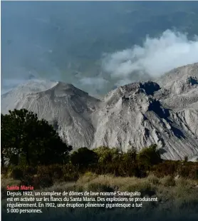  ??  ?? Depuis 1922, un complexe de dômes de lave nommé Santiaguit­o est en activité sur les flancs du Santa Maria. Des explosions se produisent régulièrem­ent. En 1902, une éruption plinienne gigantesqu­e a tué
5 000 personnes.