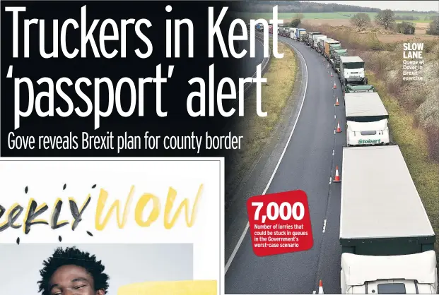  ??  ?? SLOW LANE Queue at Dover in Brexit exercise