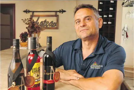  ?? JASON KRYK ?? Tony Mastronard­i of Mastronard­i Estate Winery displays his latest award-winning wines, a Chardonnay, Syrah and berry flavour cider wine.