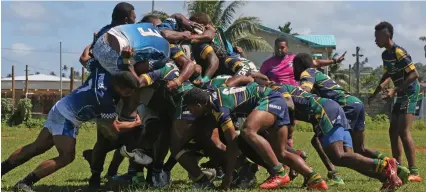  ?? Photo: Ronald KUmar ?? Action from the Police –Tovolea game during the Nasinu Rugby club competitio­n in Suva on August 15,2020.