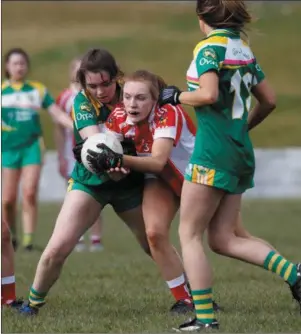  ??  ?? Louth Marie Claire Rogers breaks through an Offaly sandwich. Picture: Collette Sheelan