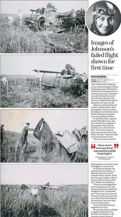  ?? PICTURES: EDNA NICHOLS JACOBSEN/GETTY IMAGES ?? THWARTED: Rarely seen photograph­s from 1933 of Amy Johnson and Jim Mollison’s de Havilland Dragon which crashed in Bridgeport, Connecticu­t en route to Baghdad have been donated by a nephew of photograph­er Edna Nichols Jacobsen to East Ridings Museums.