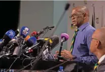  ?? - Reuters ?? SPELLING OUT: African National Congress (ANC) Secretary-General Ace Magashule and members of the ANC National Executive Committee address a media conference in Johannesbu­rg, South Africa, February 13, 2018.